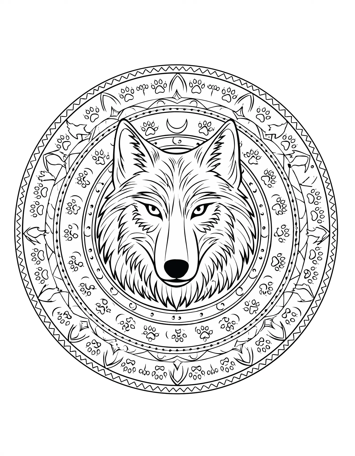 Mandala Loup Face Frontale - Coloriage mandala à imprimer gratuitement